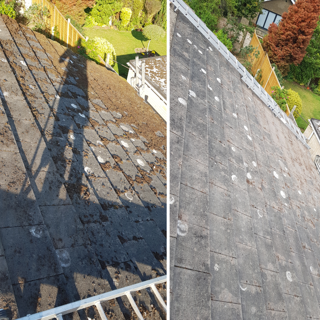 Roof cleaning and demossing today in oak Hall Park Burgess Hill